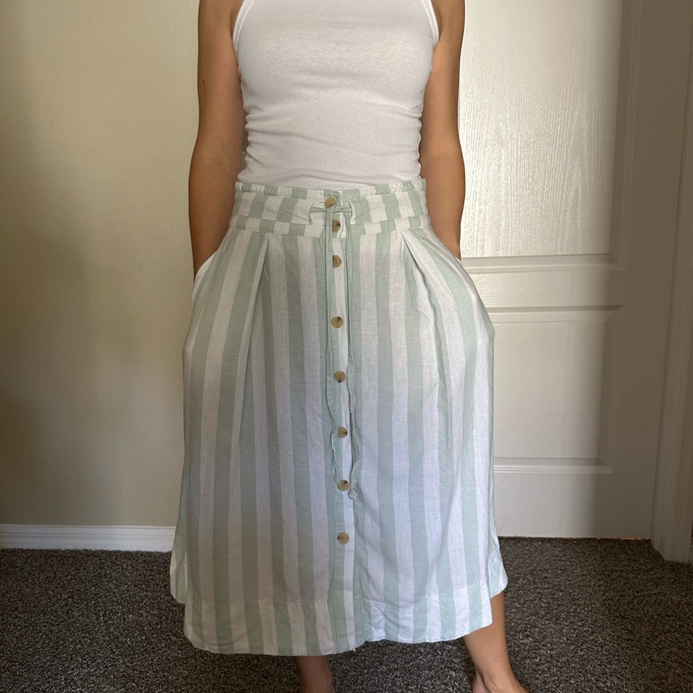 A New Day Striped Linen Blend Midi Skirt Sage Green White Button Front M